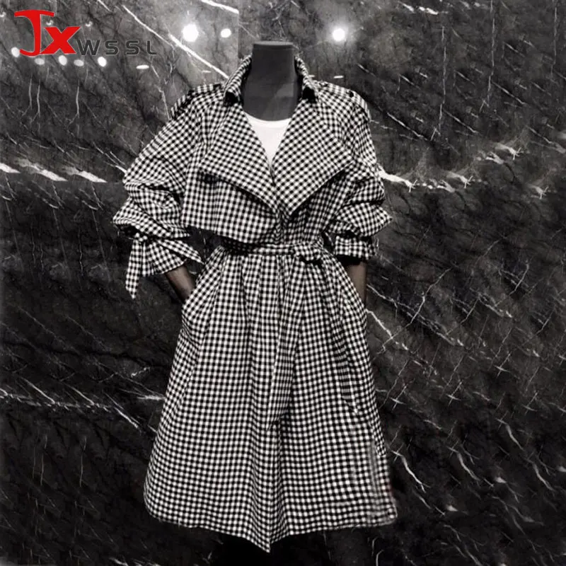 

Elegant Women's Trench Coat New Black And White Plaid Temperament Mid-length Windbreaker Spring Long Sleeves Office Fashion Coat