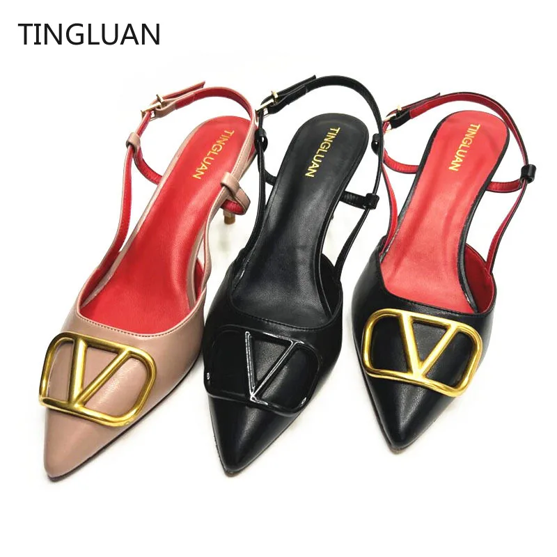 

Brand Luxury Women High Heel Sandal Metal V-buckle Genuine Leather Sexy Pointed Toe 6cm 8cm 10cm Thin Heel Classics Wedding Shoe