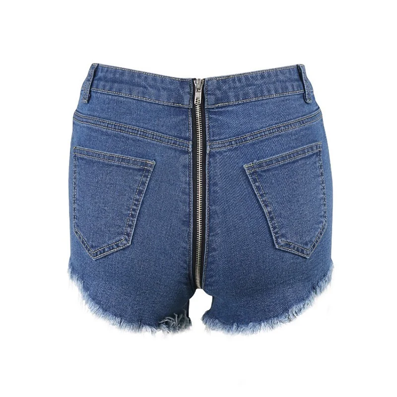 Sexy Tassel Ripped Holes Dark Blue Denim Short All-Match New Indie Zipper In Back Sexy High Waist Jean Shorts 2021 Summer Women