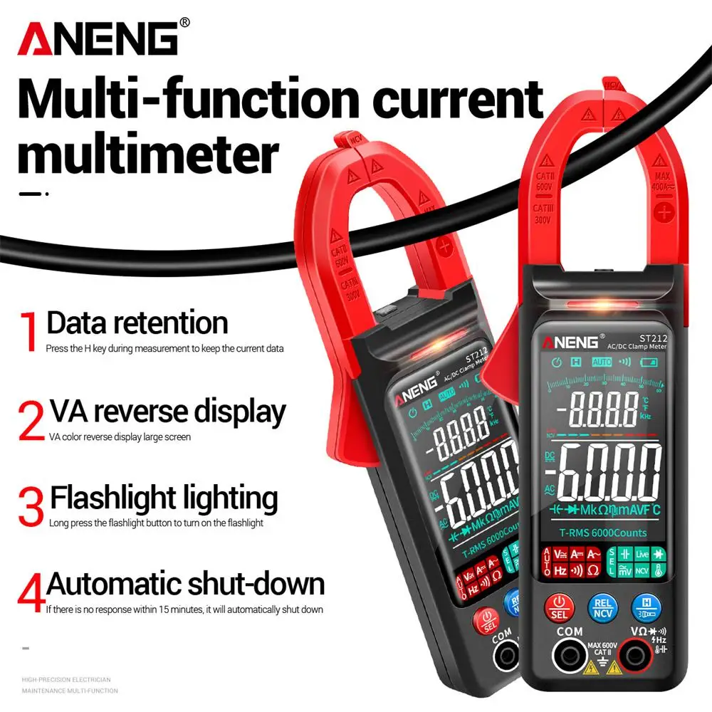 

ANENG ST212 6000 Counts Digital Clamp Meter DC/AC Current Voltage Resistance Frequency Capacitance Auto Range NCV Multimeter