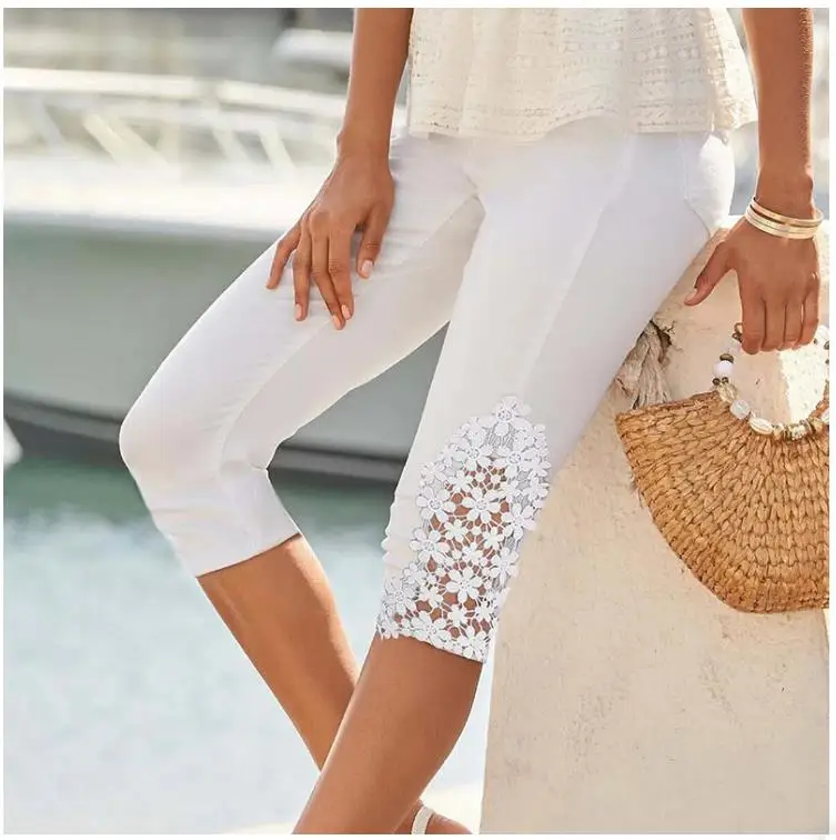 

Summer Capris 2023 Hot Pants Fashion Hollow Out Capris Skinny Elastic Waist Mid Trousers Points Calf-Length Short Pants