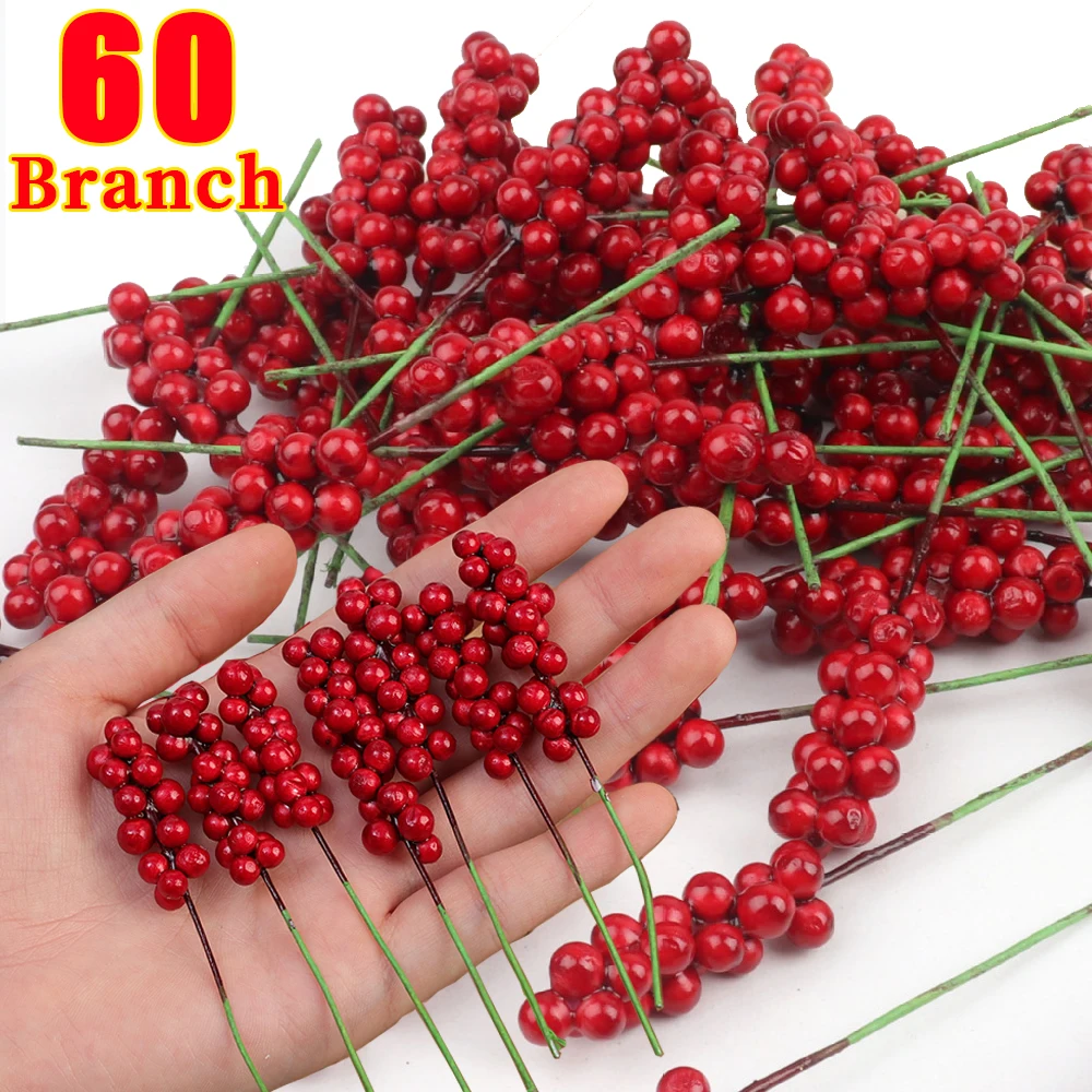 

60/1Pcs Christmas Red Berries Branches Simulation Foam Holly Berry Stems Flowers DIY Garland Xmas Tree Navidad Party Decorations