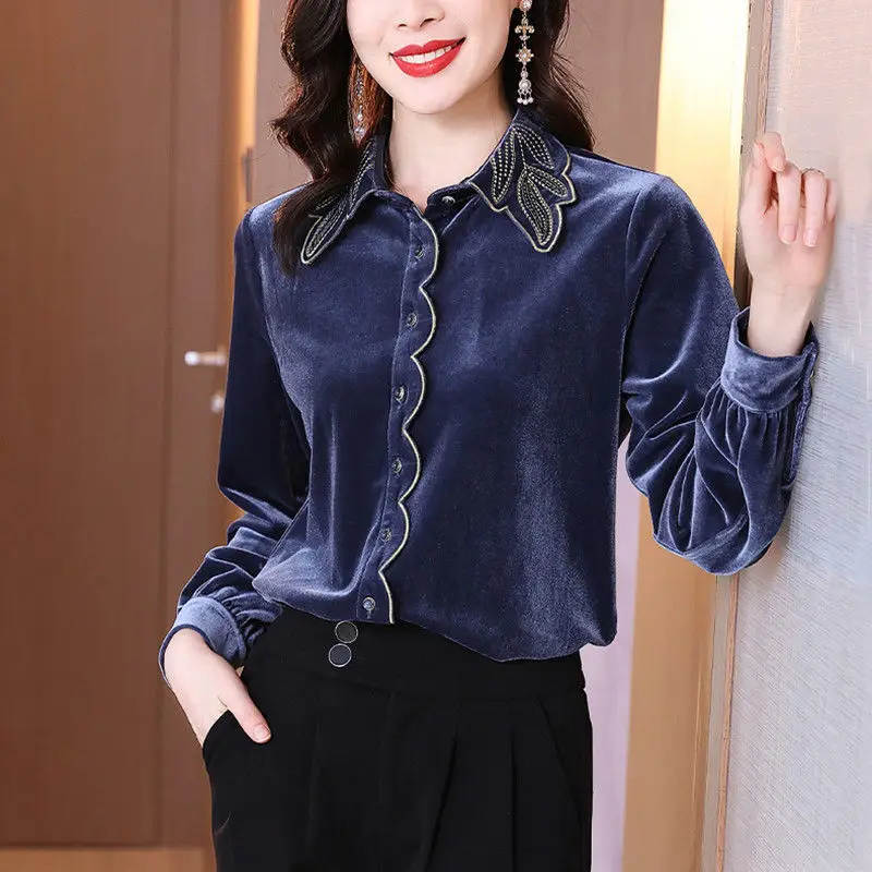 

Golden velvet women's blouse top 2022 autumn new fashion loose thin heavy work embroidered shirt method design blouse shirt