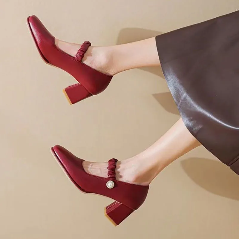 Wedding Shoes Women's Mary Jane Shoes Pearl Buckle Strap Pumps Mid Heels Dress Shoes Zapatos Mujer