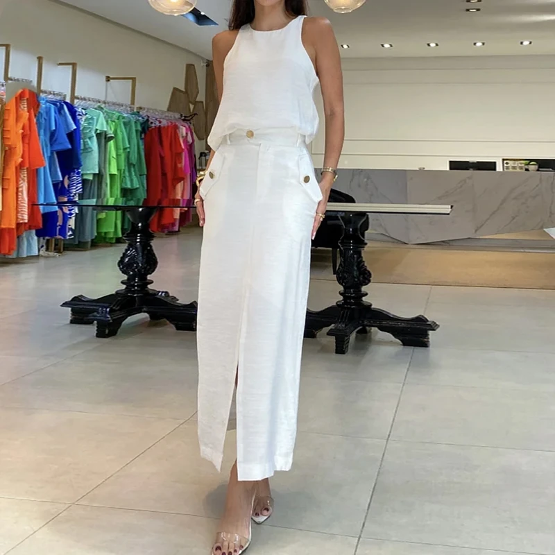 Простой повседневный комплект с жилетом и круглым вырезом без рукавов верхним