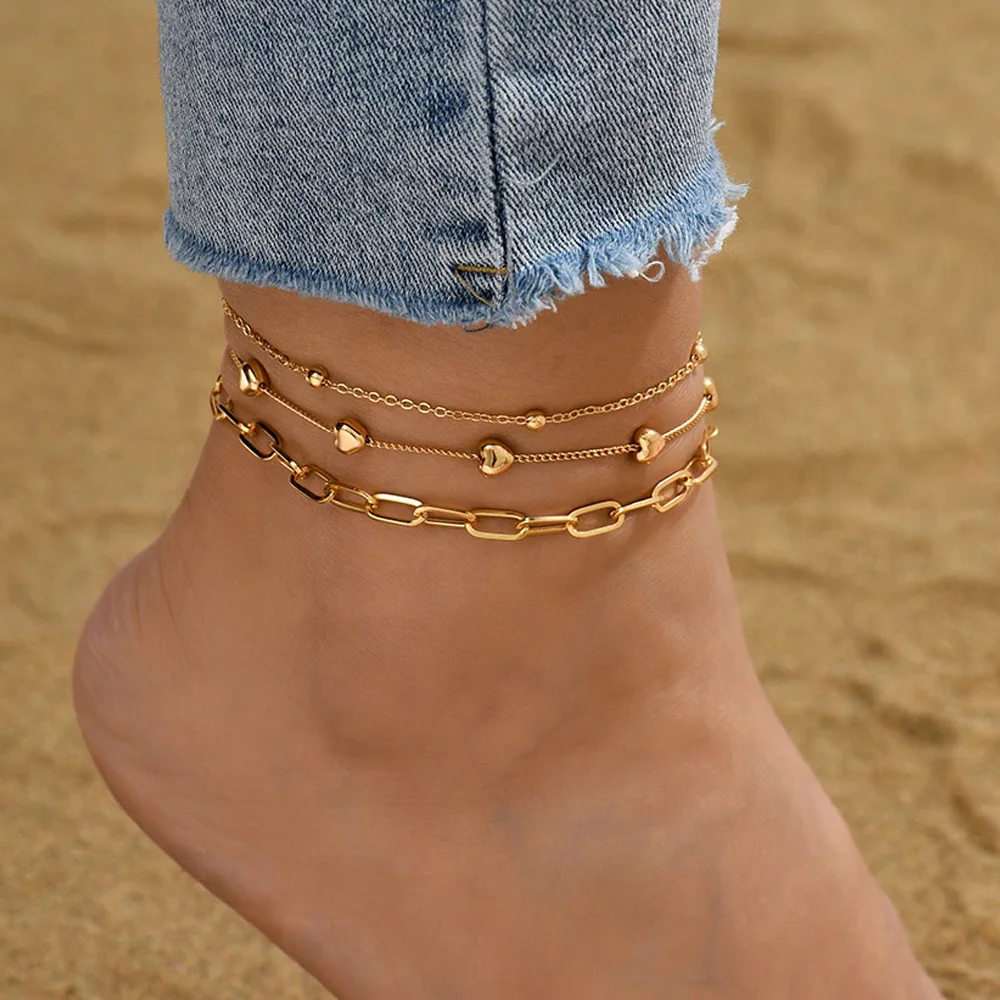 

3pcs/set Vintage Fashion Gold Color Heart Anklet Women Minimalist Link Feet Chain Beach Cuban Jewelry Accessories Party Gifts