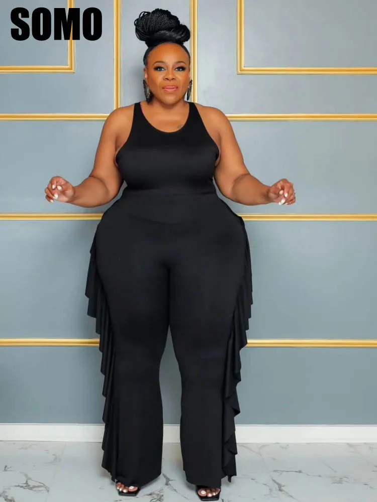 

SOMO Plus Size Solid Tank Pants Tassel Two Piece Sets Women Sleeveless Tops High Waist Wide Leg Trousers Wholesale Dropshipping