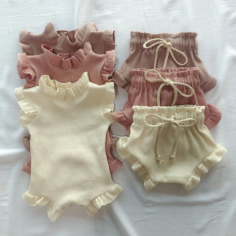 2Pcs Infant Baby Girl Clothes Set Waffle Cotton Ruffle Newborn Vest Romper Tops Bloomer Shorts Suit  Summer Outfits Clothing