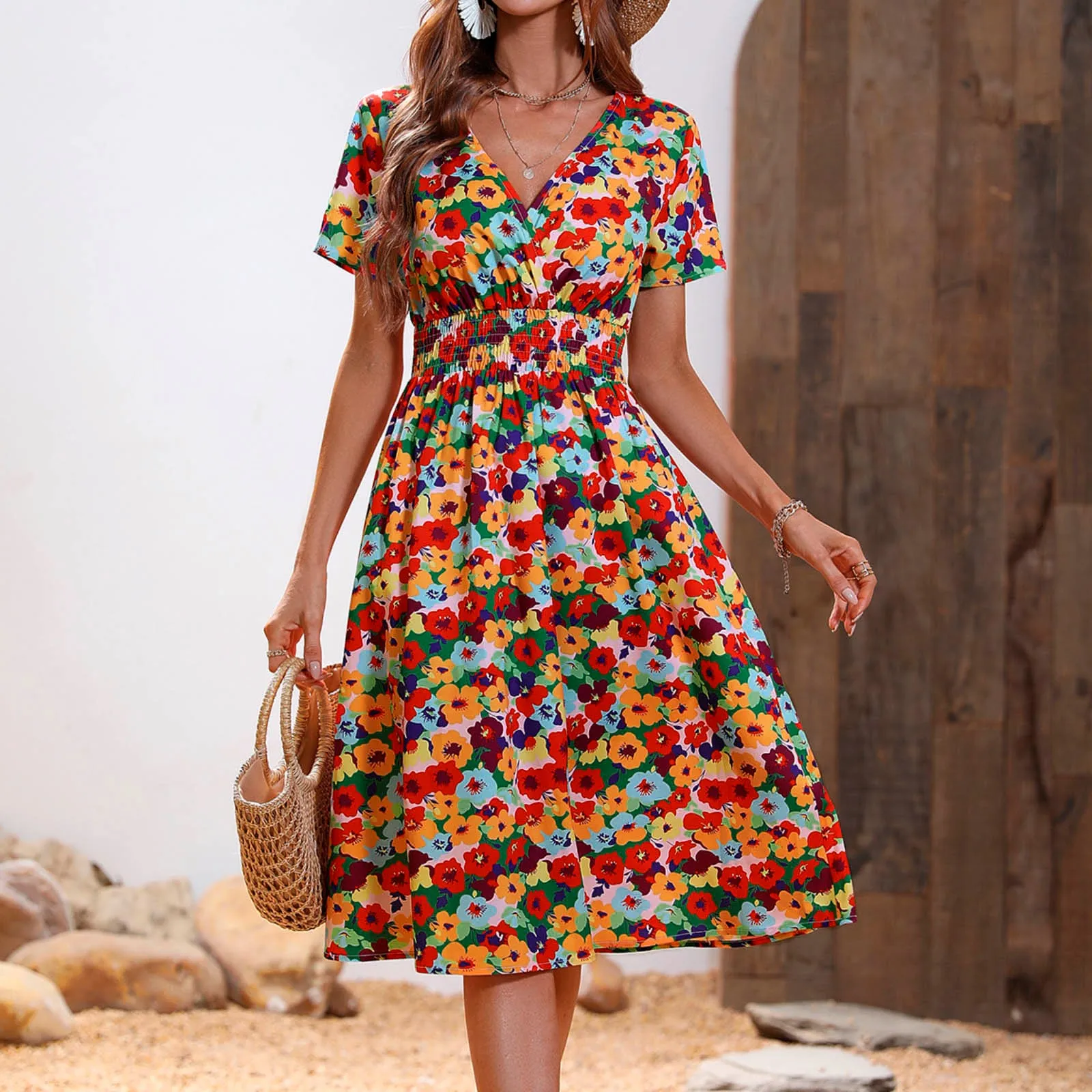 

Women Fashion Floral A Line Dress Vintage V Neck Short Sleeve Summer Casual Dress Female Bohemian Beach Dresses Vestidos Mujer