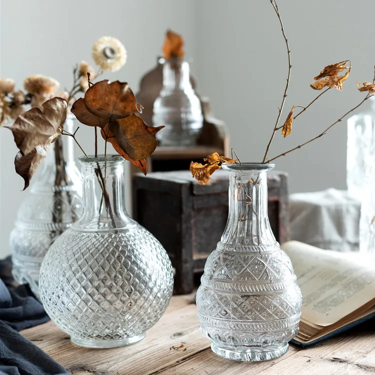 

Furniture Ornaments New Fine Transparent Creative European Retro Embossed Glass Vase Living Room Palace Flower Arrangement