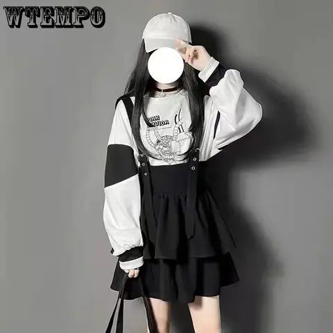 WTEMPO Vintage Women Gothic Punk Lolita Skirt Casual High Waist Black Harajuku Suspender Skirt Girls Y2K Mini Skirt Streetwear