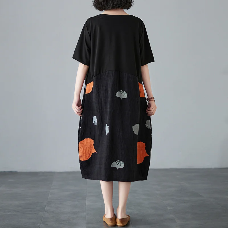 Летнее черное платье-миди #3266 женское в горошек из хлопка и льна женские