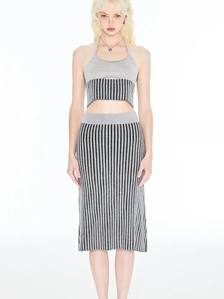 

Korean Fashion Casual Knitted Two Piece Set Women Sexy Sling Vest Crop Top + Long Skirt Suits Female Summer 2 Piece Outfit