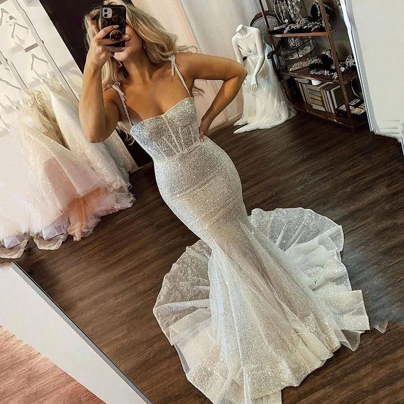 

Sexy Glitter Bodycon Mermaid Wedding Dresses Spaghetti Straps Shiny Backless Bridal Gowns Sexy Slim Prom Party Gowns 2022