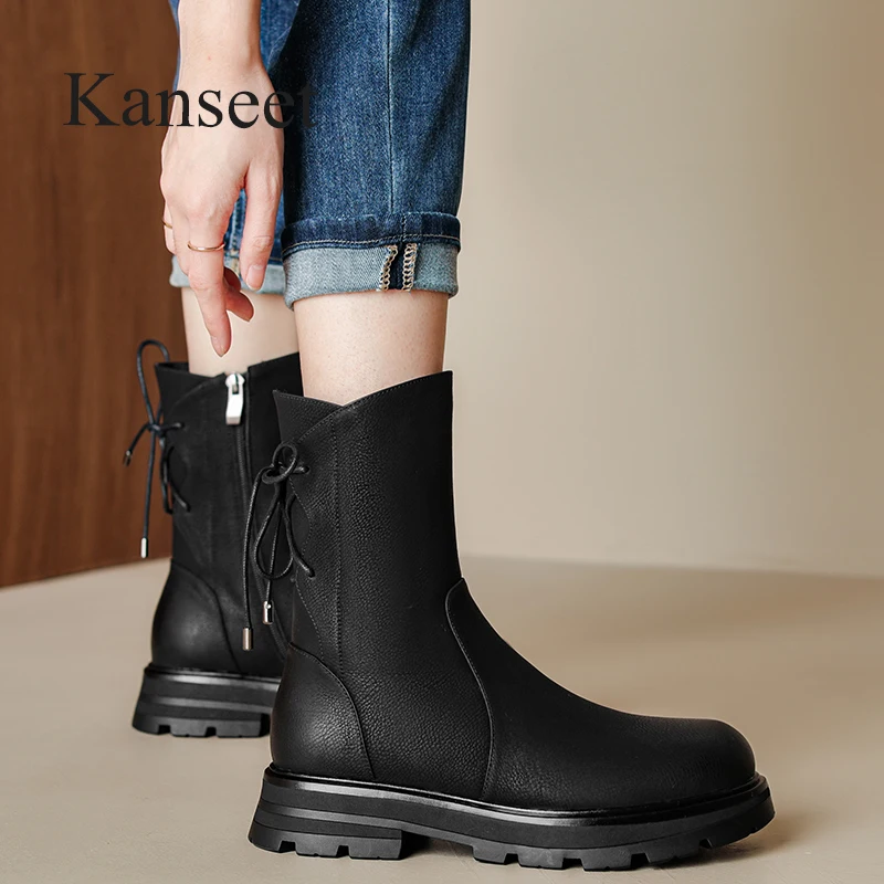 

Kanseet Real Leather Women's Mid-Calf Boots New 2022 Winter Shoes Warm Fur Round Toe Zipper Thick Mid Heels Boots Black Brown 40