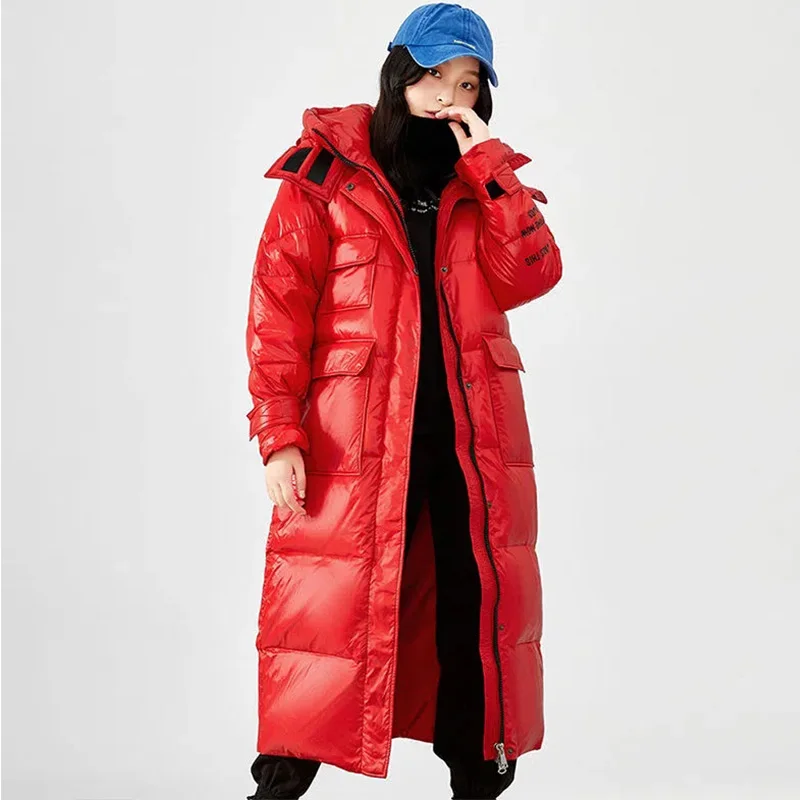 High-End Down Jacket Women Winter 2022 Detachable Cap Long Over Knee Parkas Thickened Warm Glossy 90 White Duck Down Coat Female