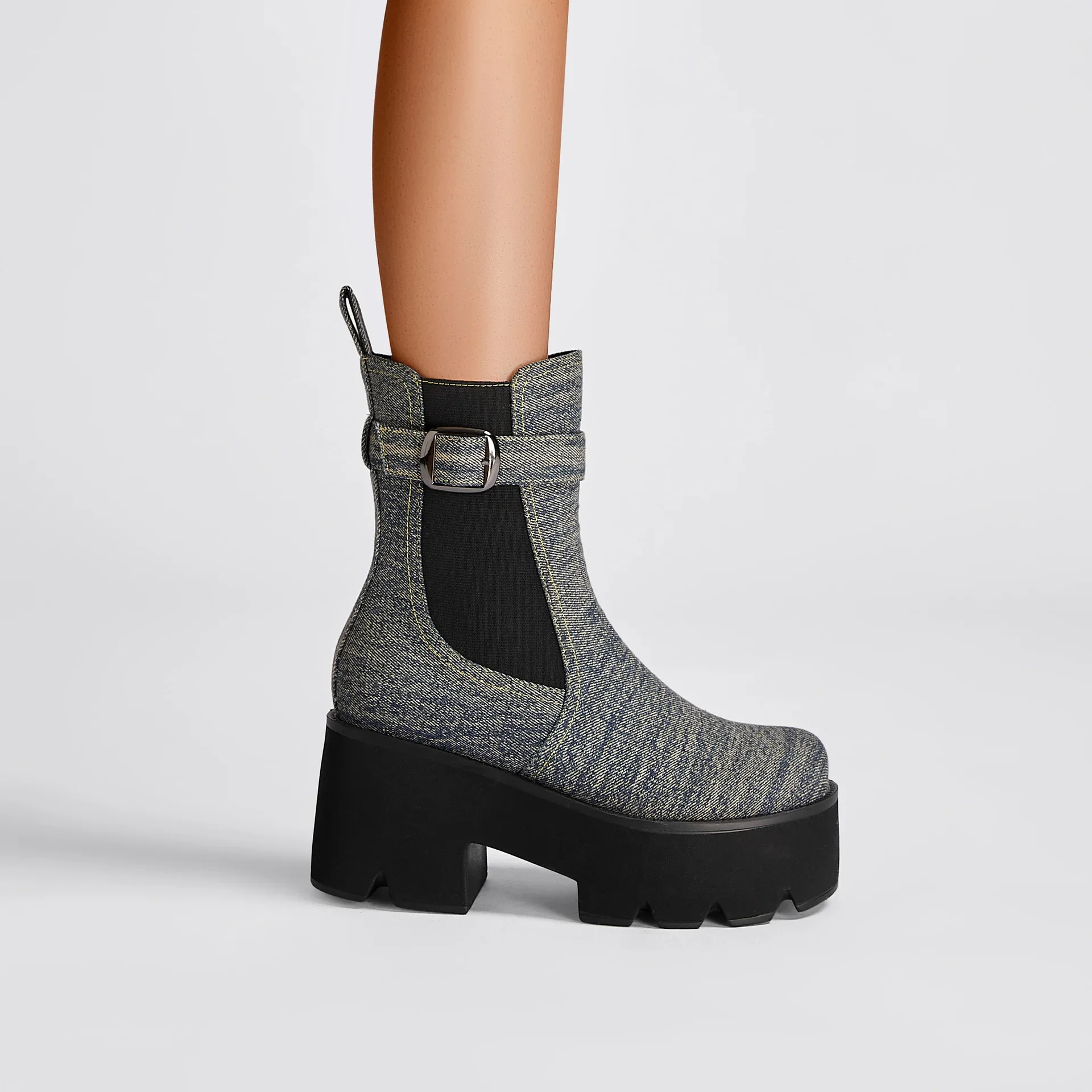 Denim Round Toe Platform Ankle Boots Thick High Heel Color Block Belt Buckle Botines Stitching Material Plus Size Women Boats