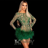 kybeliny green shortskirt feather evening dresses scoop prom robe de soiree graduation celebrity vestidos fiesta women formal
