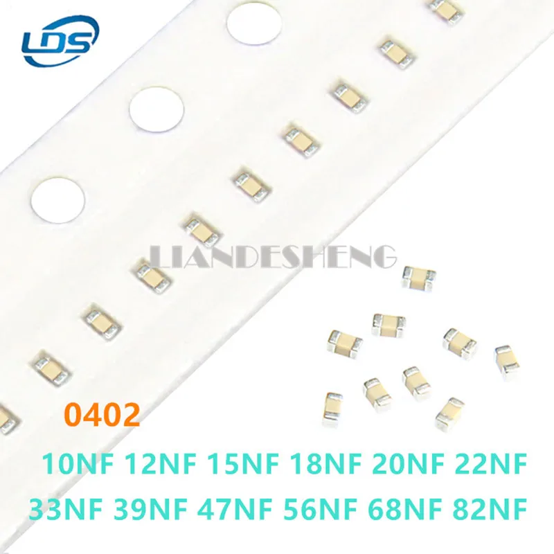 

100 шт. SMD керамический конденсатор 0402 10nF 12nF 15nF 18nF 22nF 27nF 33nF 39nF 47nF 56nF 68nF 82nF