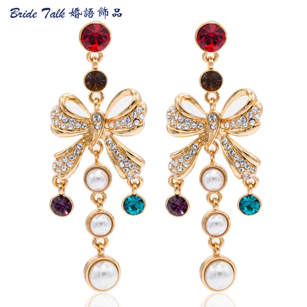 

High Quality Pearl Earring Austrian Crystals Dangle Bowknot Earrings For Women Wedding Jewelry 4 Color SEA0899