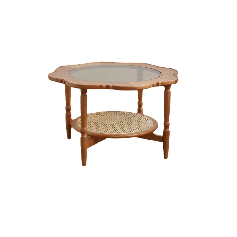 

Cherry Room Combined Tea Table Glass Vintage Nordic Solid Wood Sofa Side Table Rattan round Tea Table Living Room