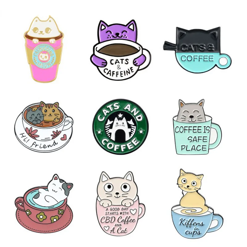 Wholesale Coffee Theme Big Collection Enamel Pin Custom Cartoon Cup Cats Brooches Animal Lapel Pin Badge Jewelry Gift for Friend