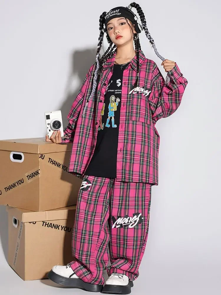 Детская одежда в стиле хип-хоп розовая клетчатая рубашка оверсайз повседневные