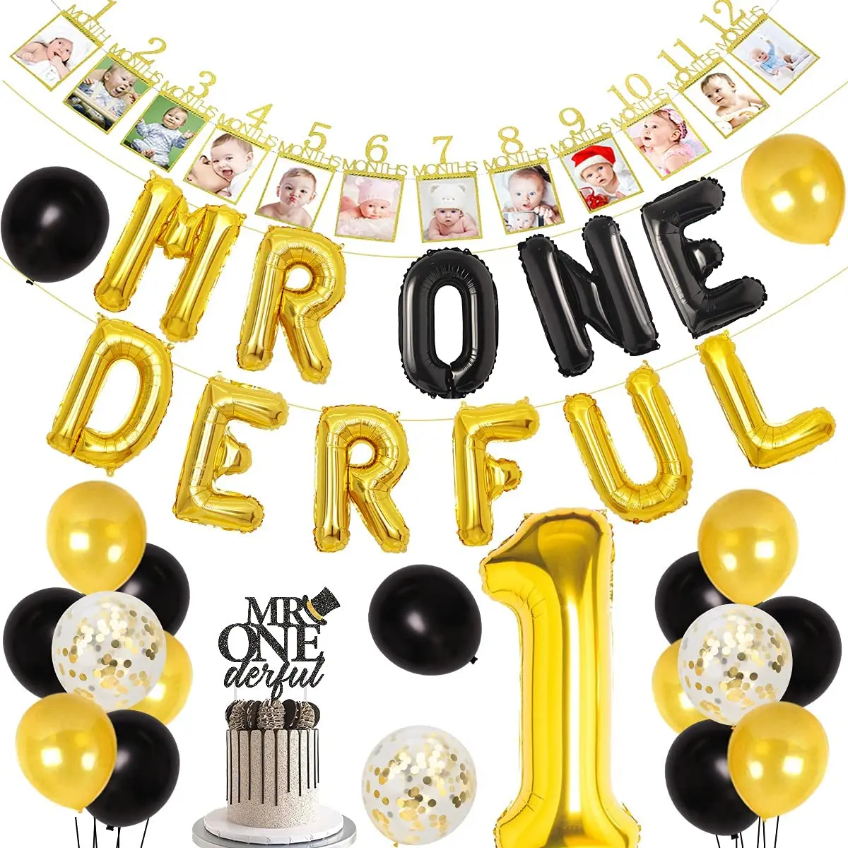 

Mr Onederful 1st Birthday Decorations Black Gold Mr One Derful Balloon Monthly Photo Banner for Little Men 1st Birthday Supplies