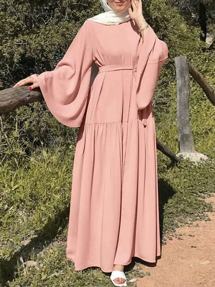 

ZANZEA Fashion O-Neck Long Sleeve Abaya Maxi Sundress Muslim Women Spring Solid Color Dress Elegant Casual Kaftan Holiday Robe