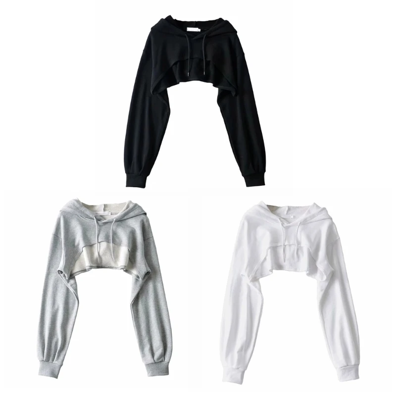 

Womens Long Sleeve Cropped Hoodies Sweatshirt Aesthetic Punk Hip-Hop Dance Plain Sexy Rave Cutout Loose Super Crop Drop Shipping