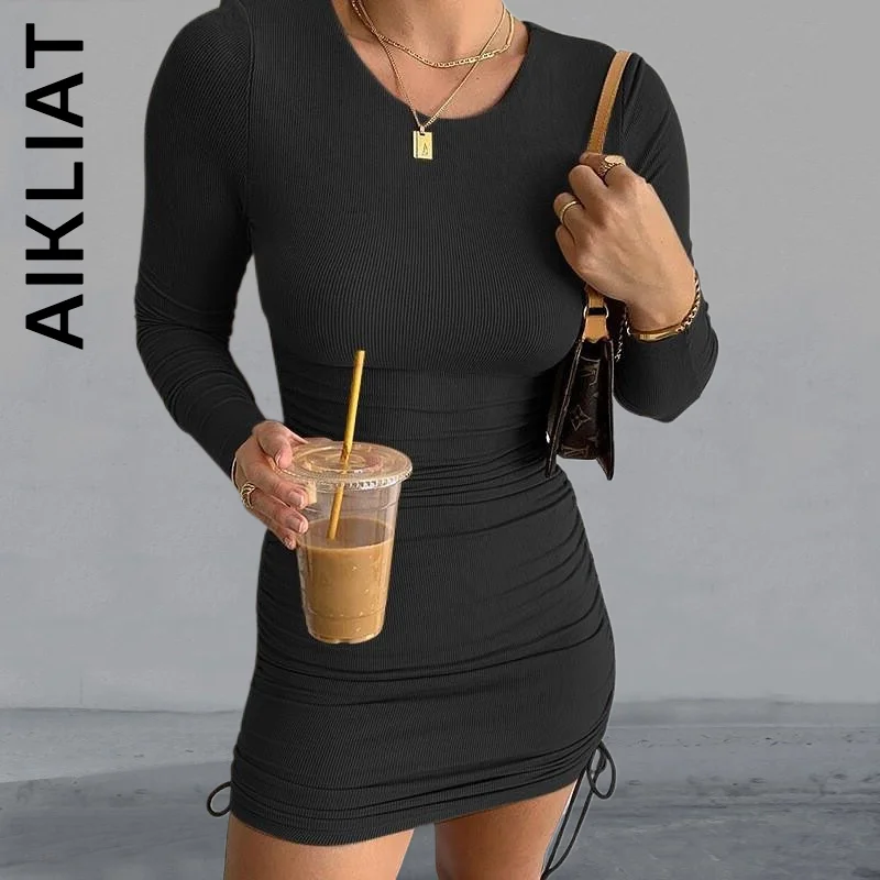 Женское Короткое платье Aikliat модное пикантное с длинным рукавом и рюшами