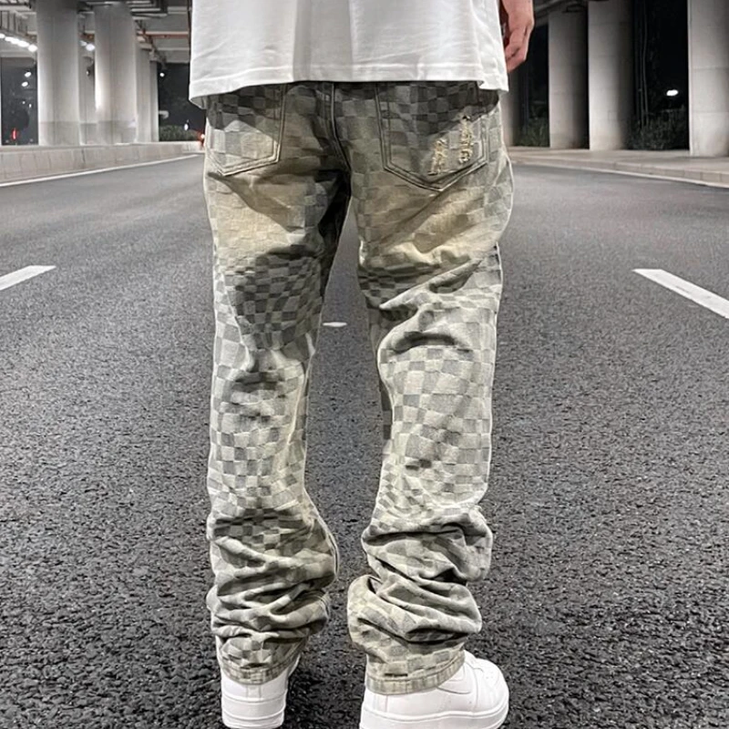 Fashion Plaid Denim Jeans Mens Destoryed Holes Zipper Jeans Pants Hip Hop Streetwear New Summer Casual Joggers Men Jeans Pants