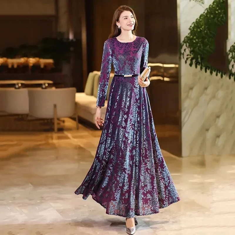 

2024 Autumn Warm Print gold velvet Dresses Female Long Sleeve Chic Prom Luxury Dress Women Vintage Long Elegant Party Vestidos