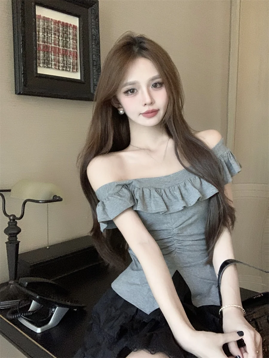 Плюс размер Pure Desire Frill Темпераментный облегающий топ с открытыми плечами на талии