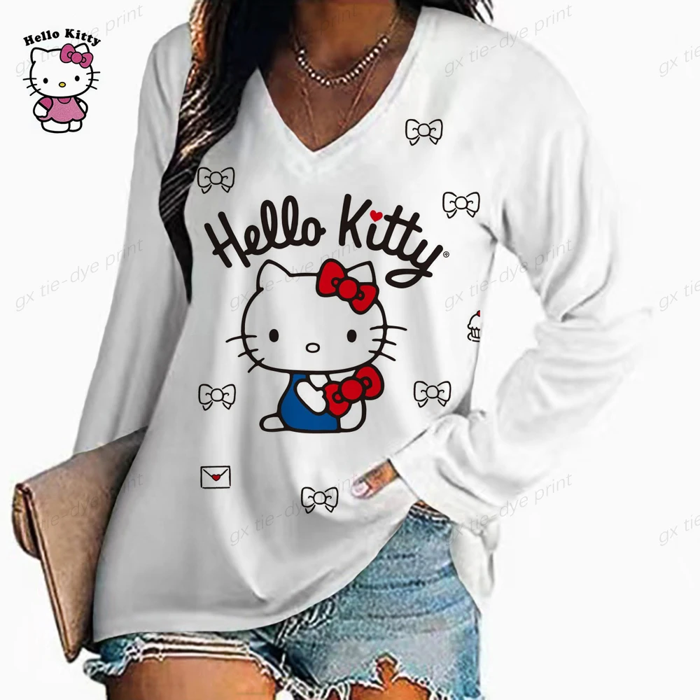 

Модная трендовая Милая женская футболка с графическим принтом Hello Kitty, повседневная женская футболка в стиле Харадзюку С V-образным вырезом футболка с длинным рукавом Y2K, лидер продаж