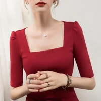 free shipping women half sleeve blauset squarecollar solid color womens clothing female autumn disscount women t shirt
