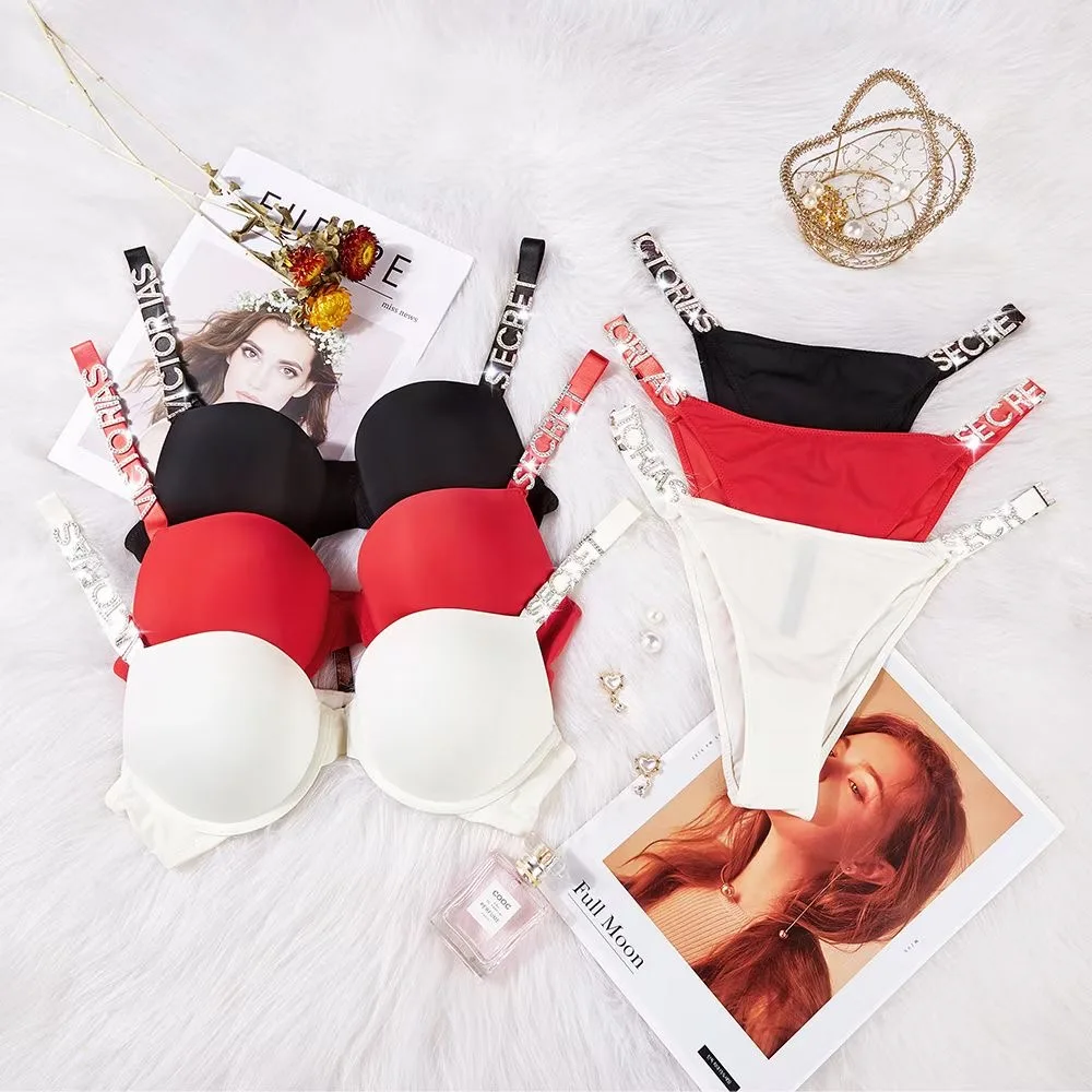 Sexy women  Bra set 2 pieces Rhinestone letters Lingerie for women Underwear Wireless Gather Push Up Seamless Bralette