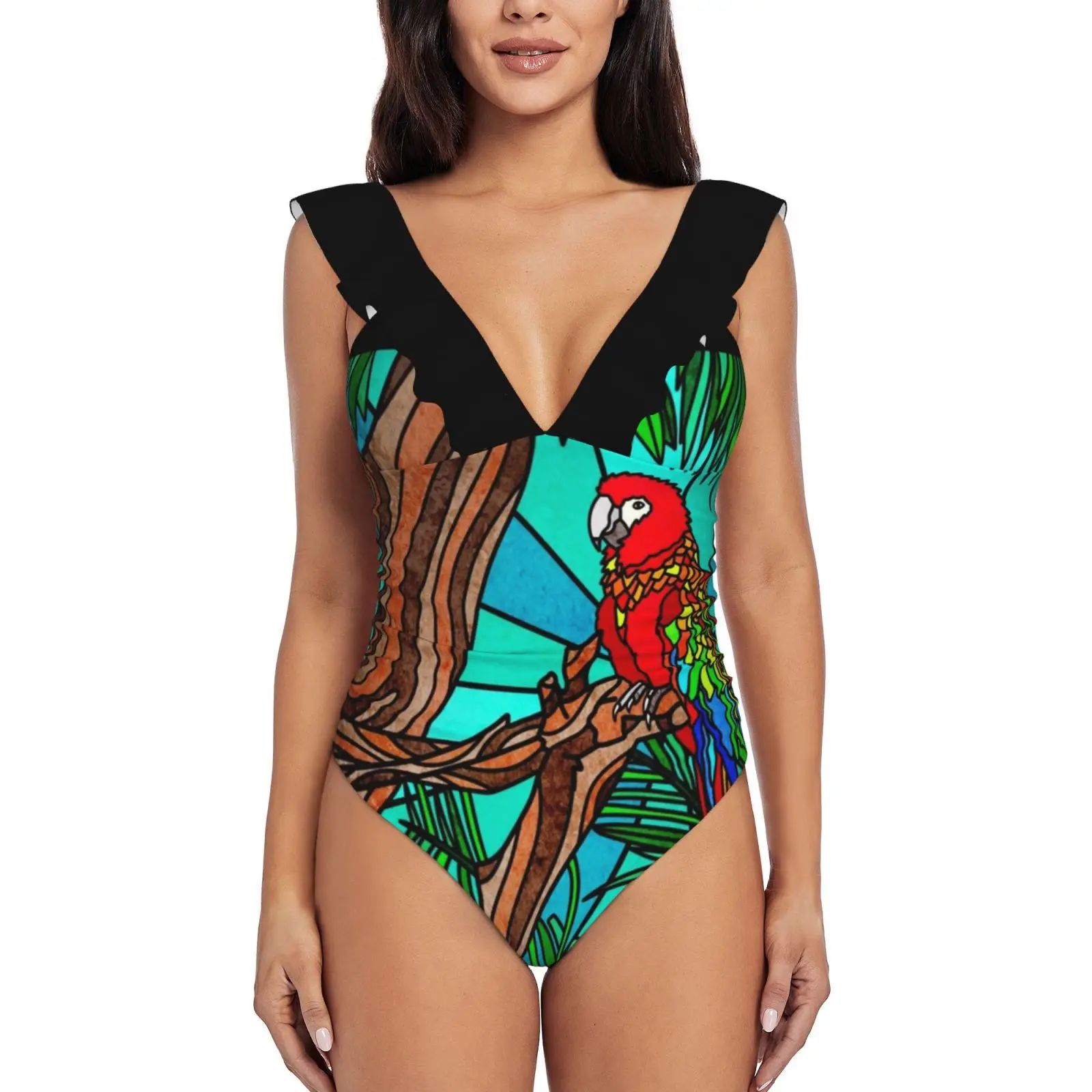 

Монокини дикий попугай, новый слитный купальник с оборками, Женский сексуальный купальник, женский купальный костюм с принтом, купальный ко...