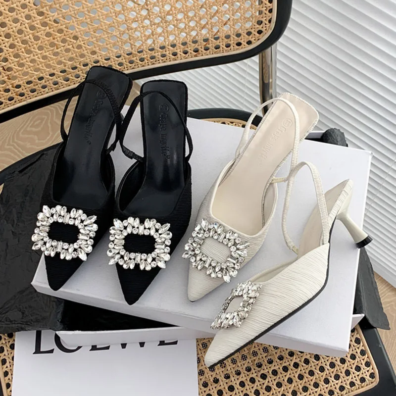 

2023 Crystal Decor Buckle Sandals Women Thick High Heels Pointed Toe Slingback Elegant Slip On Shoes New Spring Fashion Mules