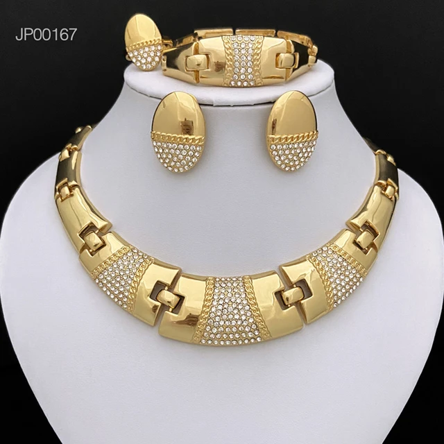 Gold plated jewelry set dubai fashion women necklace earrings big bracelet nigerian bridal fine jewelry