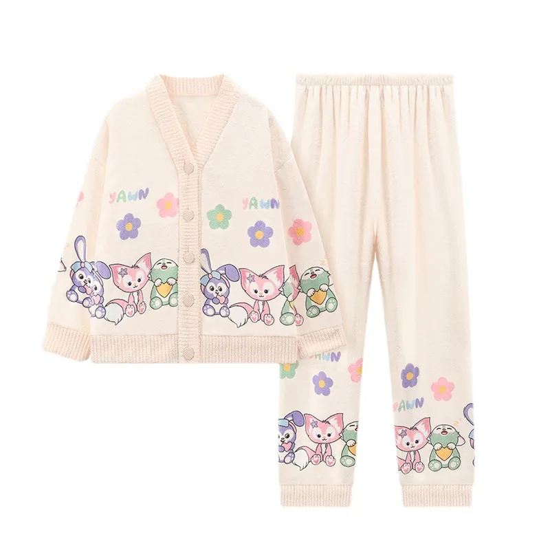 Autumn Winter Women Warm Flannel V-Neck Cardigan Sweet Pajamas Suit Long-Sleeved Trousers Set Cute Soft Home Wear Fleece Clothes