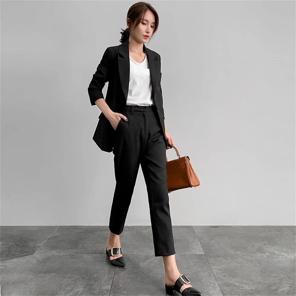 Casual Women Single Botton Blazer Suits Ol Pants Suit Notched Jackets & Ankle-length Trouser 2-pieces Set Fashion наборы брюки
