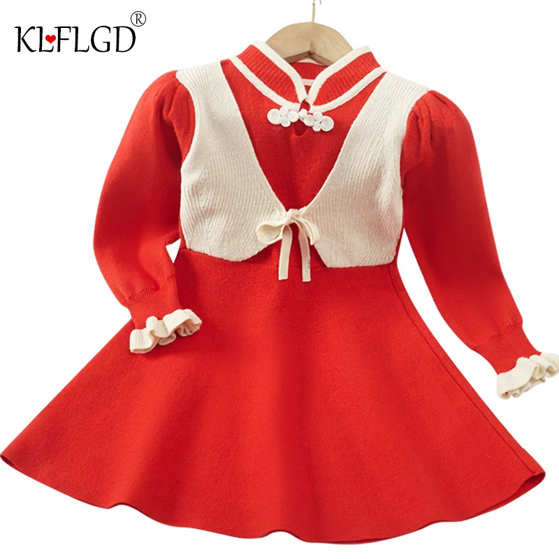 

Новинка 2022, осенне-зимний вязаный комплект пальто, клетчатое платье-свитер без рукавов для девочек, вязаное шерстяное платье принцессы для ...