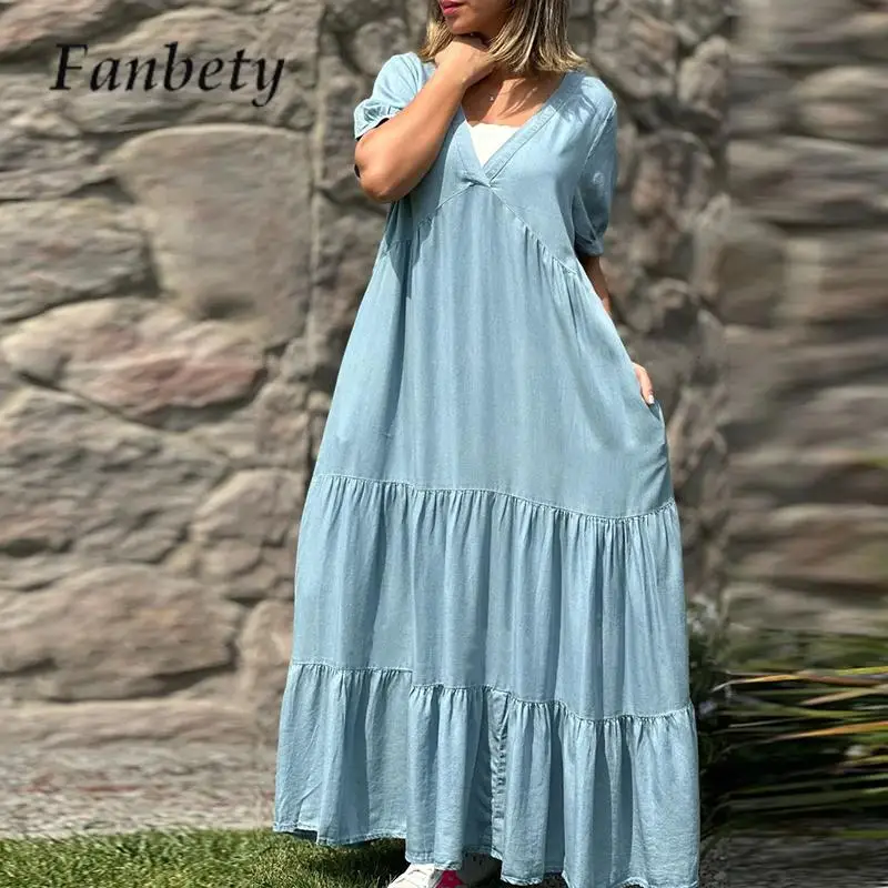

Summer V Neck Short Sleeve Denim Dress 2023 New Casual Ladies Splicing Pleated Dress Female Solid Color Holiday Loose Long Dress