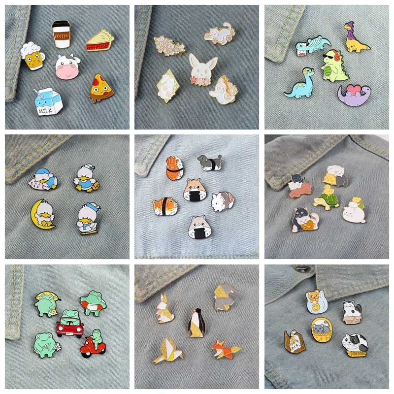 4-6 Piece/Set Cartoon Funny Animals Enamel Brooches Cute Dinosaur Cat Badge Kids Backpack Icon Pins Unisex Jewelry Gift For Fans