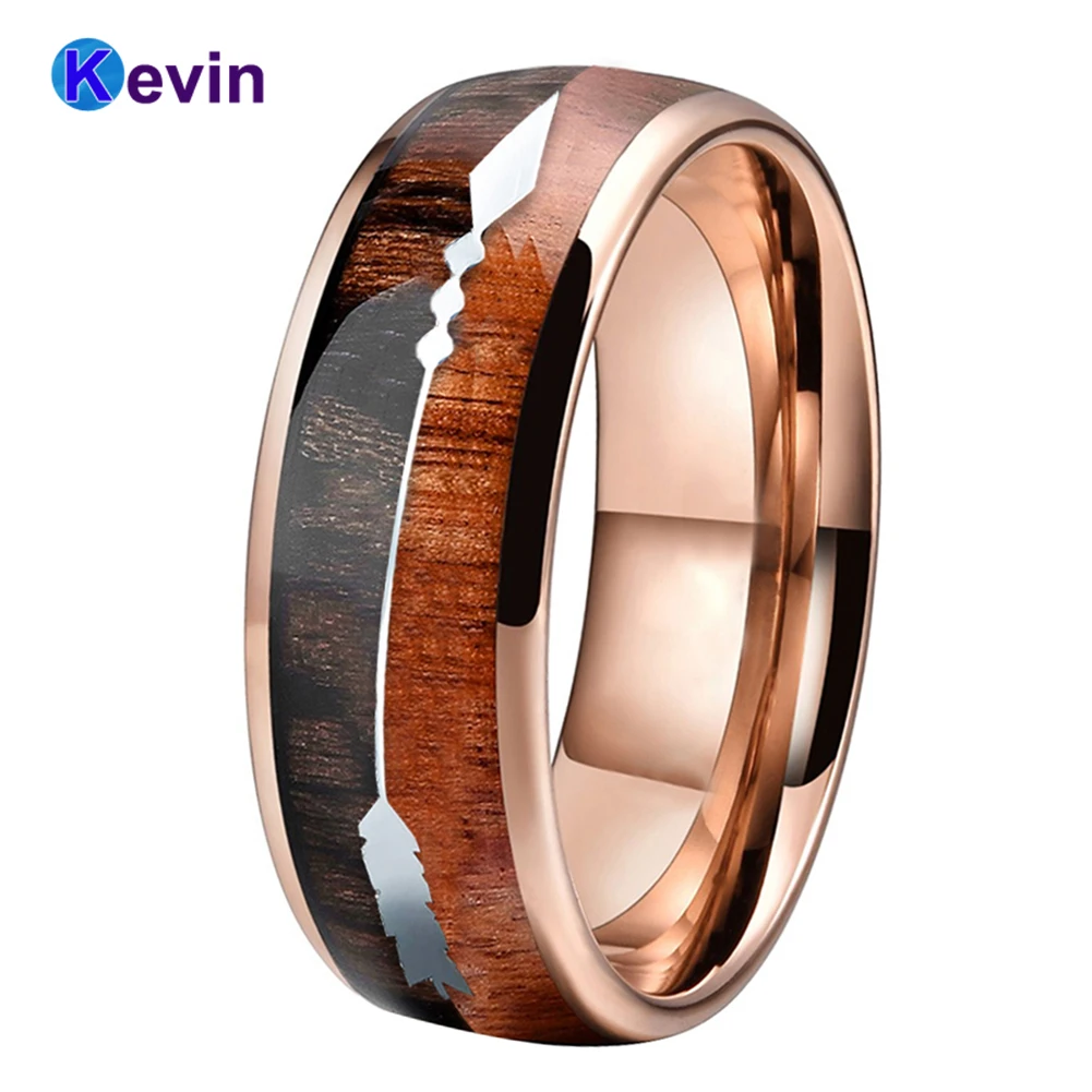 

Rose Gold Wedding Band Tungsten Carbide Ring For Men And Women With Koa Wood And Arrow Inlay Comfort Fit New Arrival