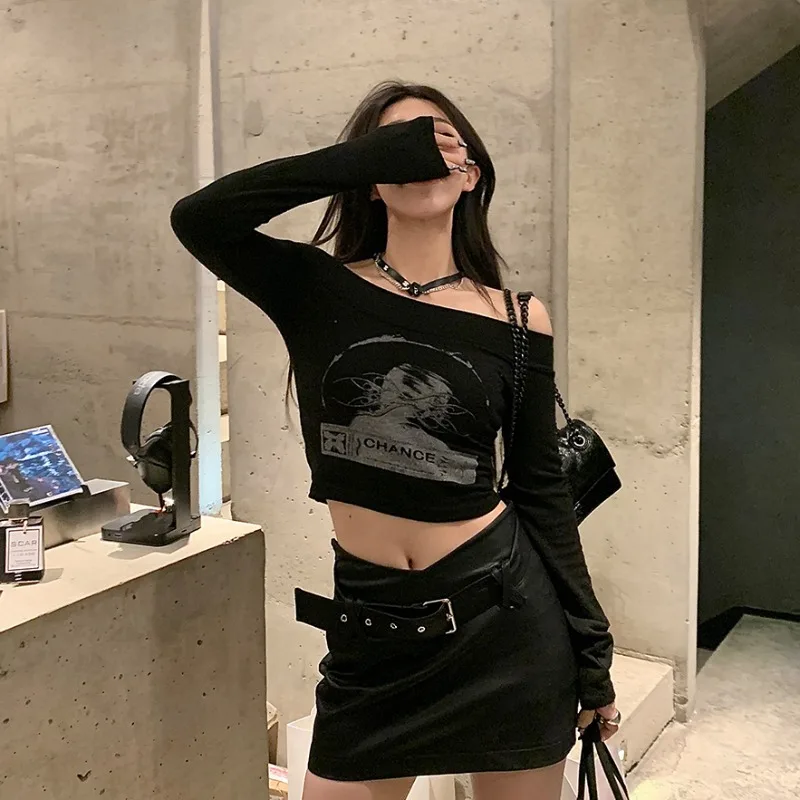 

Black Slash Neck Tops High Waist Letter Print Tshirts Skinny Crop Top Women Off Shoulder Sexy Long Sleeve Camisetas Y2k Tees