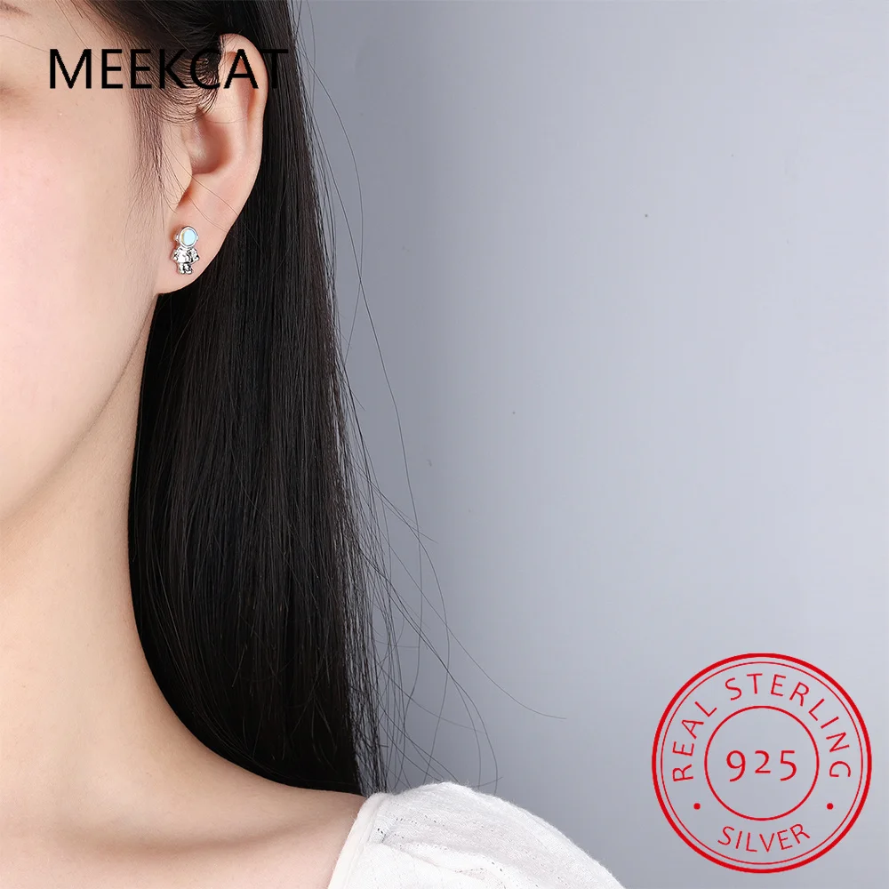 Настоящее серебро 925 пробы милые серьги с астронавтом и звездой из лунного камня