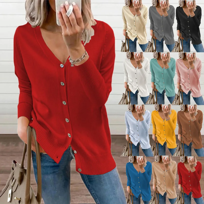 

Fashion Sweater Woman Winter 2022 Clothes Solid Slim Autumn Button Single Breasted V-Neck Fine Yarn