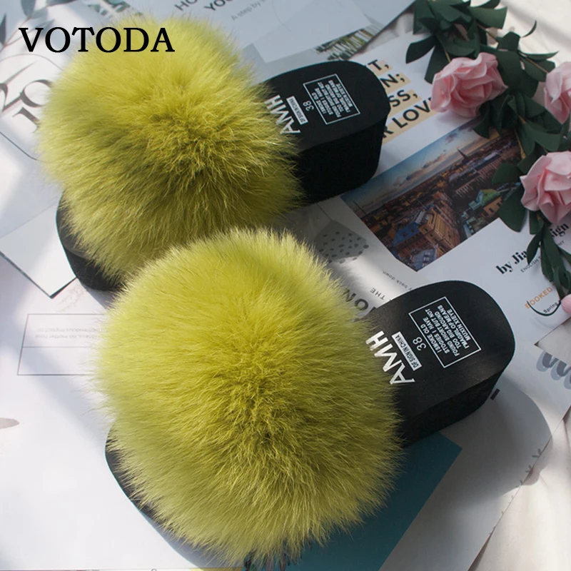 Summer Wedge Slippers Women Flip Flops Furry Real Fox Fur Slides Platform Shoes Female Home Slippers Fashion Casual Ladies Shoes